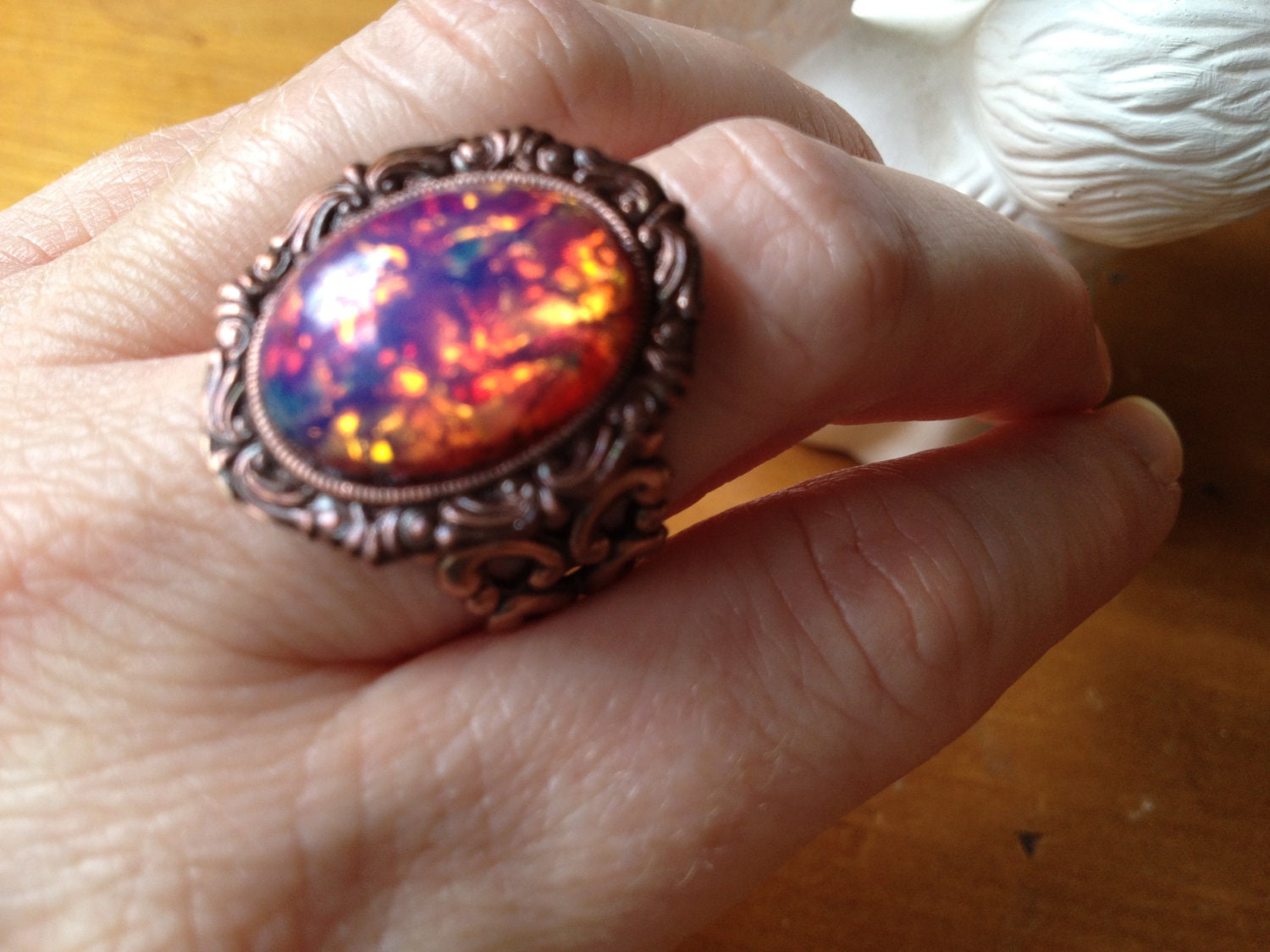 Vintage Style Ring Pink Fire Opal in Victorian Copper setting Gorgeous colors