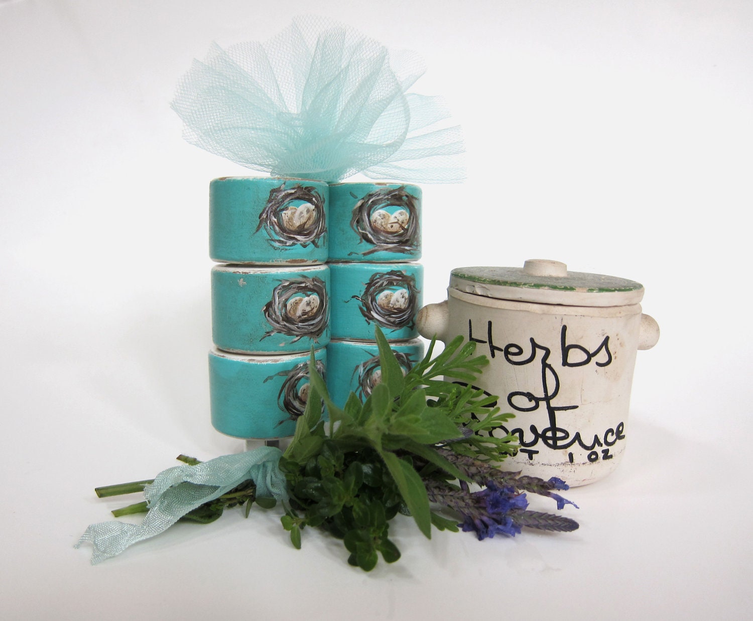 French Country Farmhouse Napkin Rings  Nest and Eggs Set of 6 Cottage Chic Aqua Blue