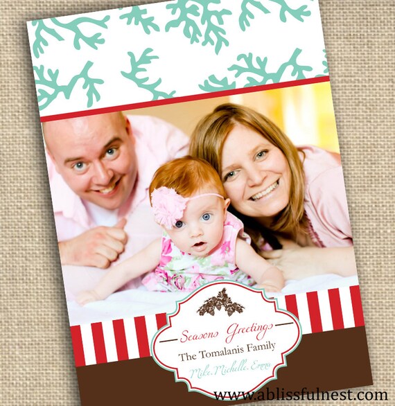 Aqua and Red CORAL Preppy STRIPE 5x7 Holiday Christmas Photo Card - PRINTABLE - By A Blissful Nest Il_570xn