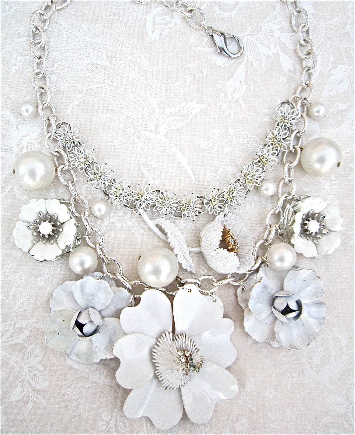 Bridal Statement Necklace Vintage Wedding Bib White Enamel Flower Chunky Repurposed Necklace - Do It The White Way