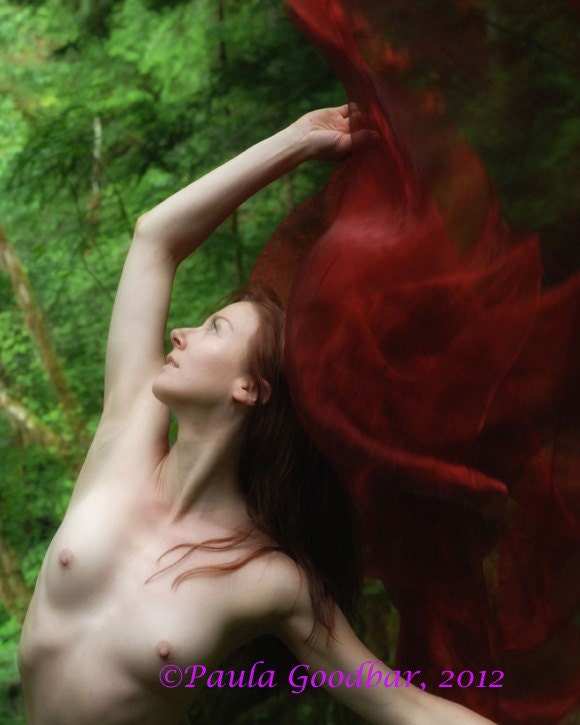 Nude Dancer in Forest with Red Scarf - Fine Art 8x10 Limited Edition, Archival Photographic Print