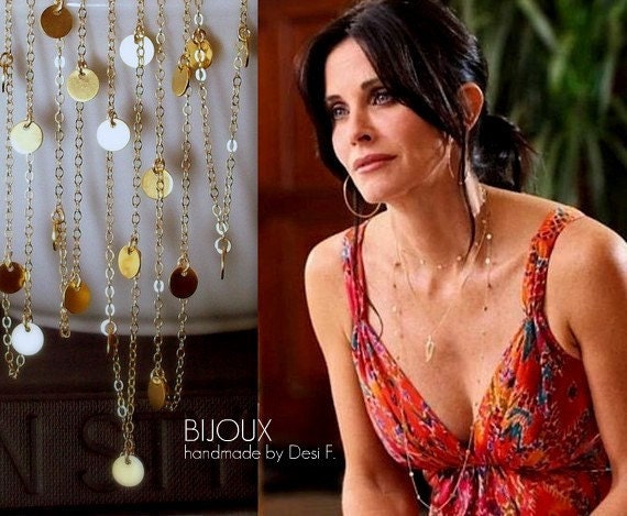 Courtney Cox Cougar Town Necklace - 44 Inches -Tiny Discs Long Gold Necklace