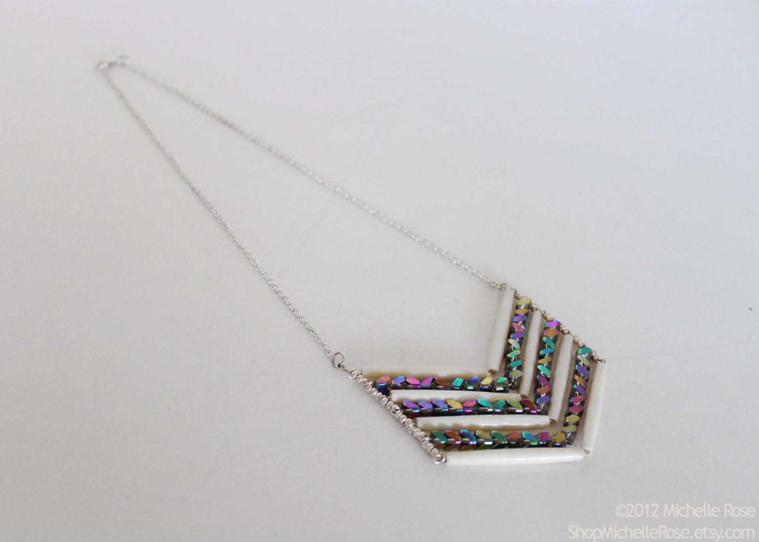 Glass & Bone Chevron Necklace - White Bone with Iridescent Glass Beads - Tribal Aura - Aurora Borealis Crystal - Catalyst Necklace