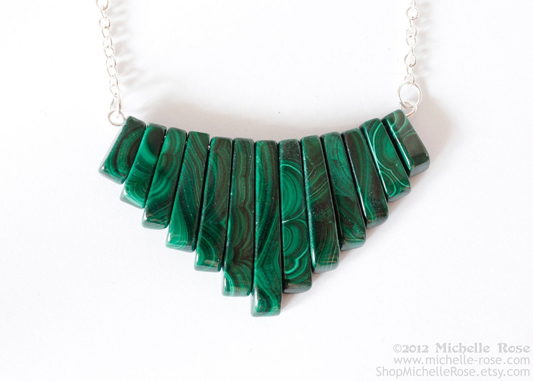 Malachite Stone Necklace - "Xanadu" Marbled Green Gemstone Necklace - Triangular Gem Stone Necklace - Long Silver Plated Chain