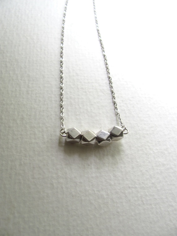 Silver geometric necklace with silver faceted beads, sterling plated, minimalist and modern
