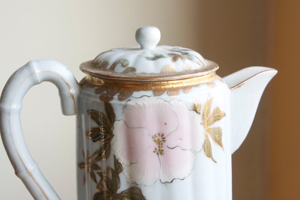 Antique Pitcher or Tea Pot, Hand Painted Hibiscus Pattern, Bamboo Handle, Spring Home Decor