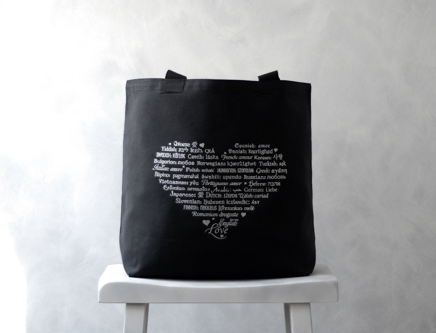 LOVE Languages Tote Bag - Silver on Black - Canvas Bag - Carryall Tote - Valentines Day