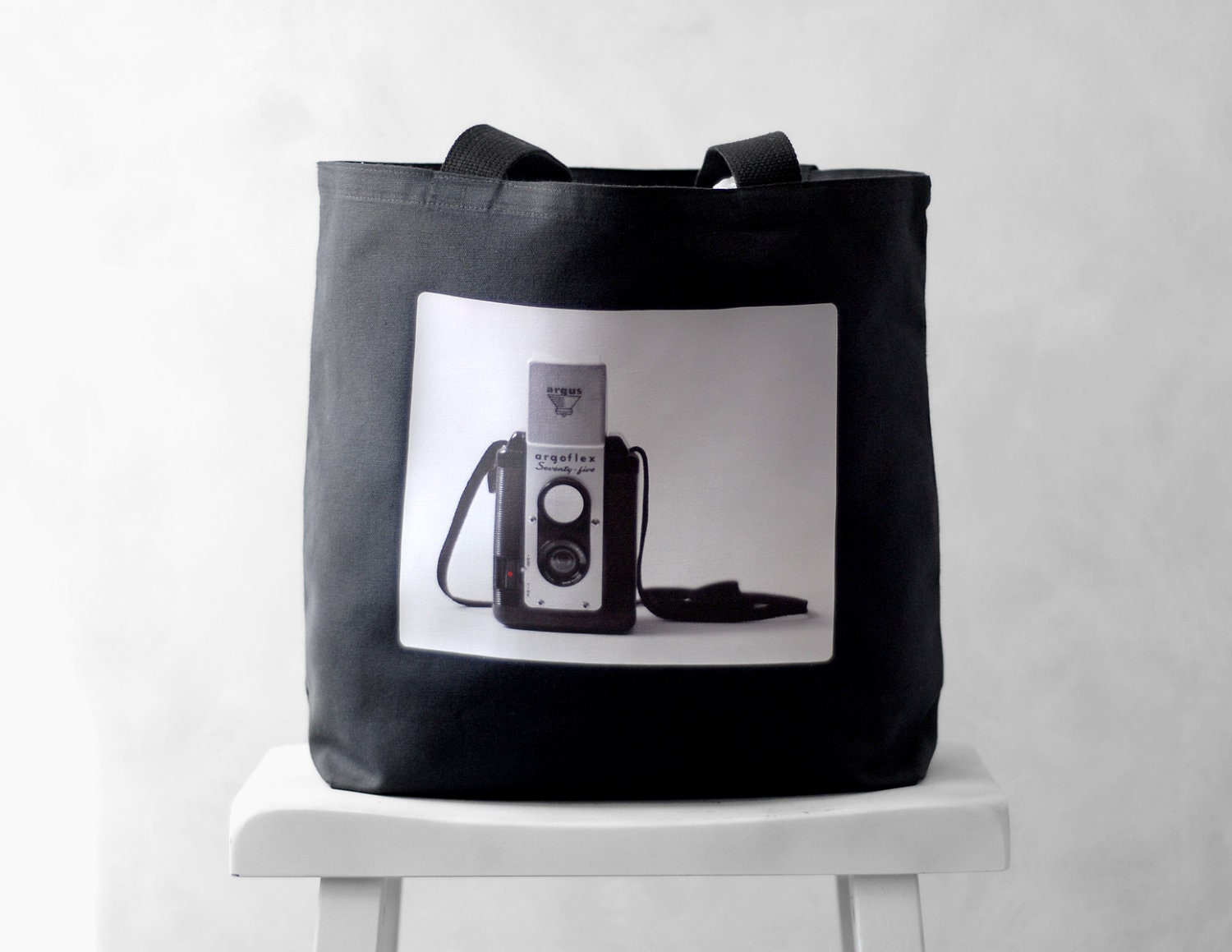 The Argoflex - Vintage Camera Photograph on a Black or Natural Canvas Bag - School Bag - Carryall Tote