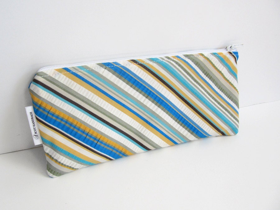 Zipper Pouch, Pencil Case, Striped Seersucker Recycled Necktie