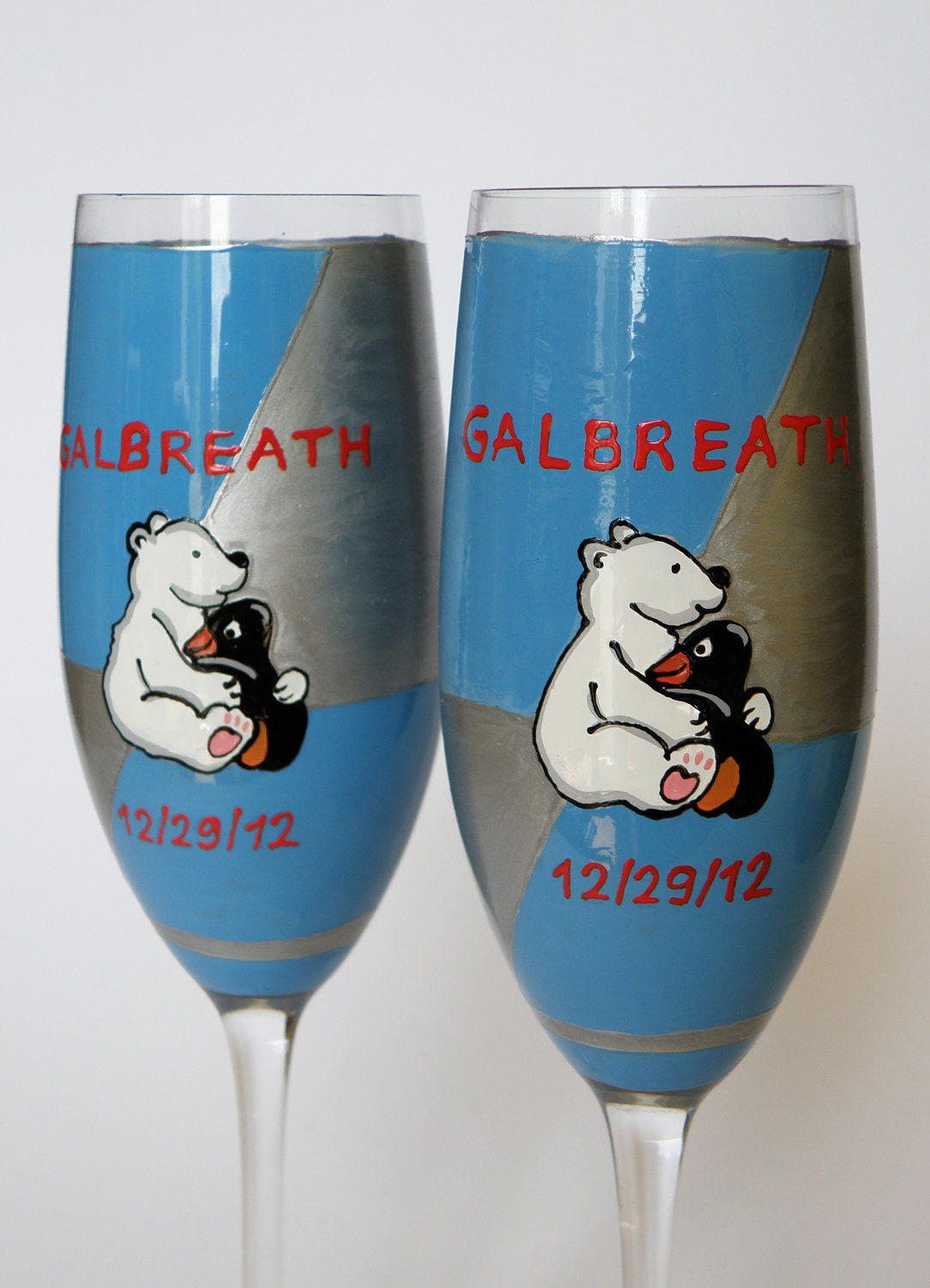 Hand painted Wedding Toasting Flutes Set of 2 Personalized Champagne glasses Wedding theme Penguin and White Bear