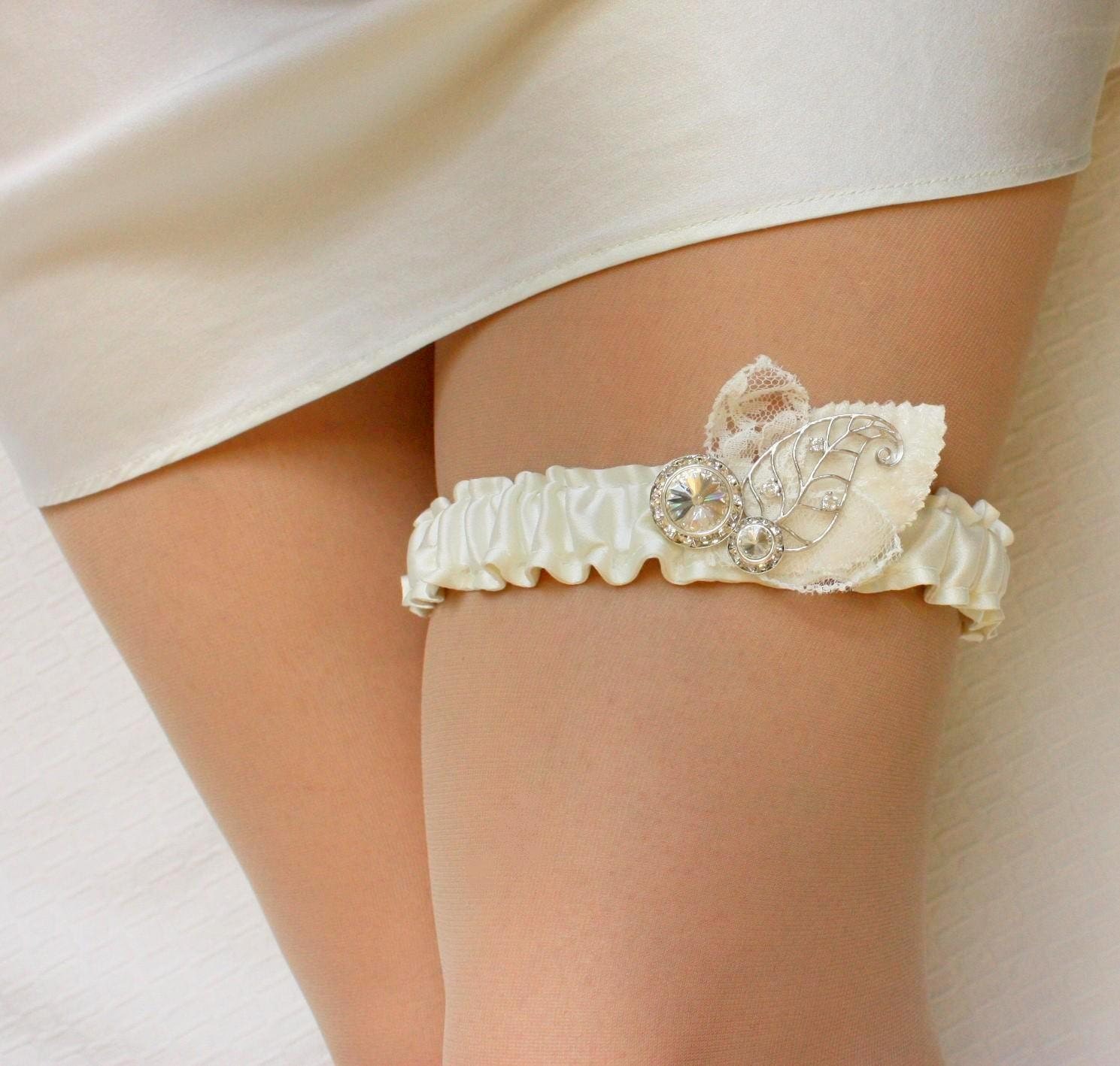 Ivory Silk Bridal Garter with Leaves and Crystals - the Delilah Garter (Also Available in White & Off-white)