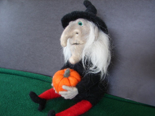 Reserved for Anna, Halloween decoration, Witch table decoration, hand made needle felted from wool and holding her pumpkin.