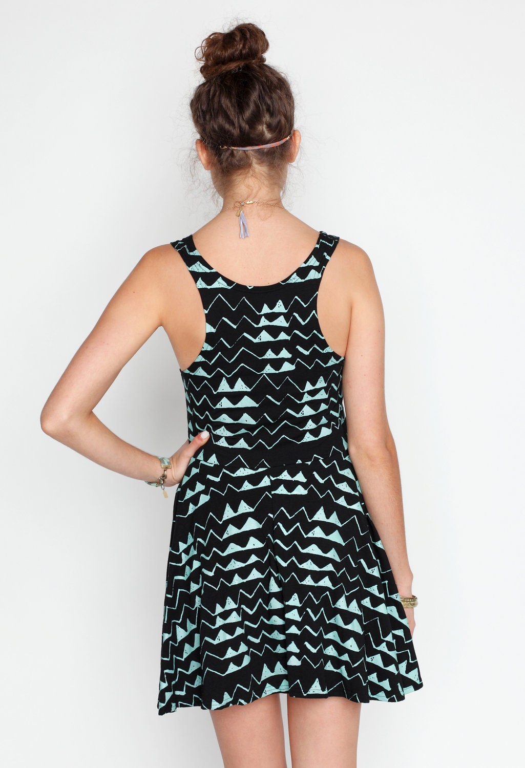 Hand Printed 'Mountain' Print Twirling Dress in Mint on Black