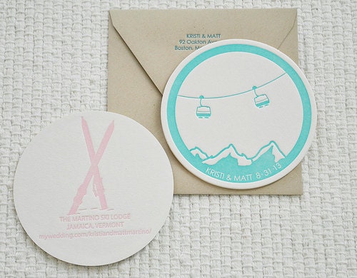 Letterpress Coaster Save the Date: Ski Couple