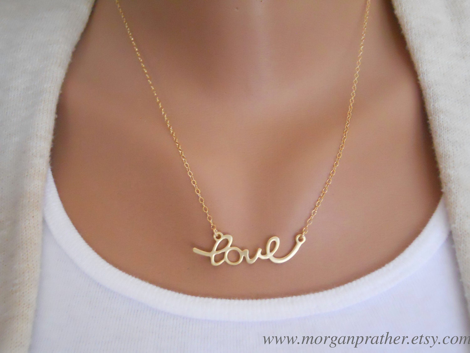 Cursive Love Necklace in Gold - Dainty Love Pendant Charm - Gold Filled Chain - Perfect Gift - morganprather