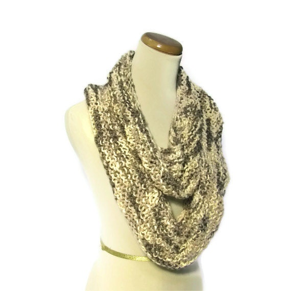 Taupe and Cream Hand Knit Circular/Cowl Scarf - Price Reduction