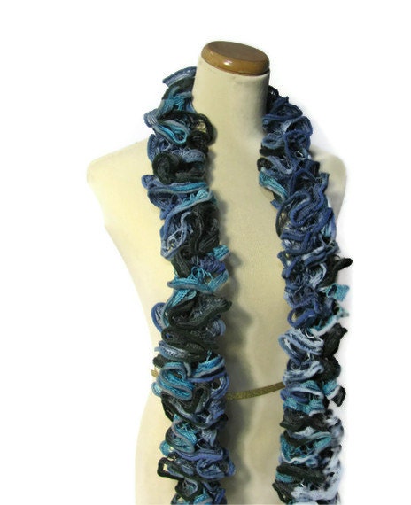 Hand Knit Ruffled Scarf -Turquoise Blue  Green