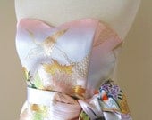 Wedding dress with vintage KIMONO top OBI bow sash belt gold brocade crane spring flower pastel pink blue cream A line made to order