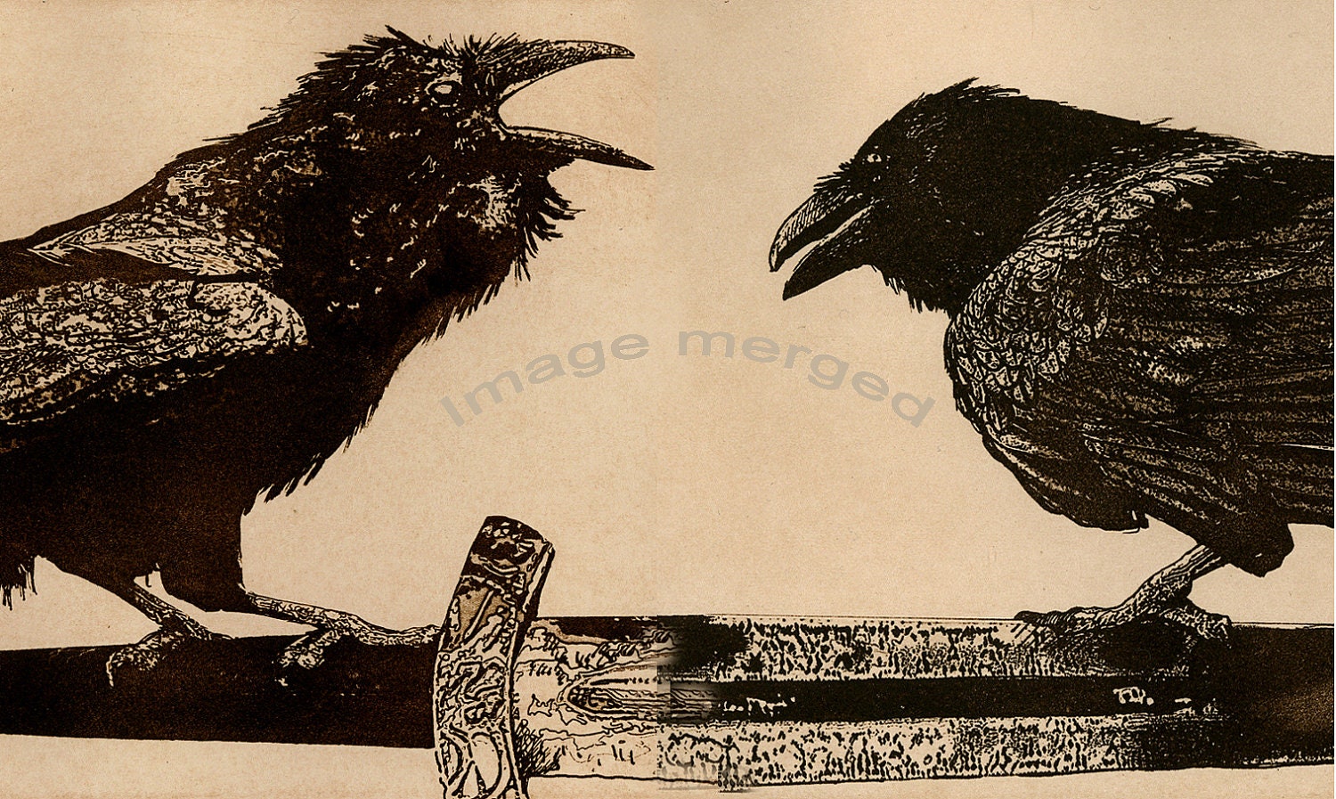 Award Winning Print- Raven (bird, Viking, crow) Series THOUGHT AND MEMORY. Diptych Etching, Brown on Light Brown paper, 5 in. x 14 in. 2012