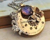 steampunk necklace LOVE TAKES TIME antique Elgin year 1882 pocket watch movement necklace with Iris and vintage fire ball glass cab