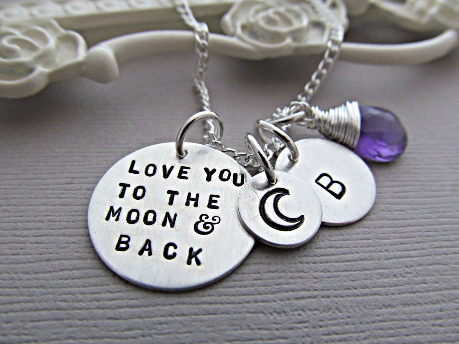 love you to the moon & back Necklace, Personalized New Mom Necklace, Baby Initial Necklace, Custom Birthstone, Hand Stamped Jewelry