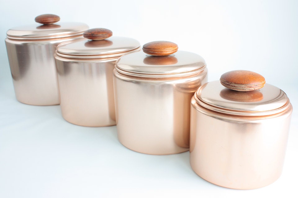 Vintage Copper Canisters, Set of Four Mirro Kitchen Canisters, Pink Copper Kitchen Storage with Wood Knobs