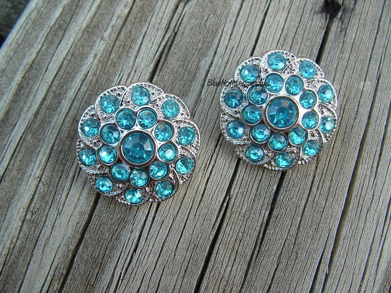 Set of 2 Turquoise Rhinestone Buttons Craft Supply Weddings Hair Bows