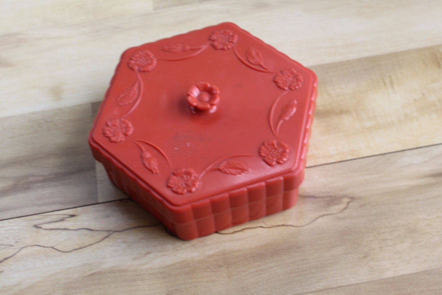 Vintage Orange Plastic Sewing Box - Hexagon