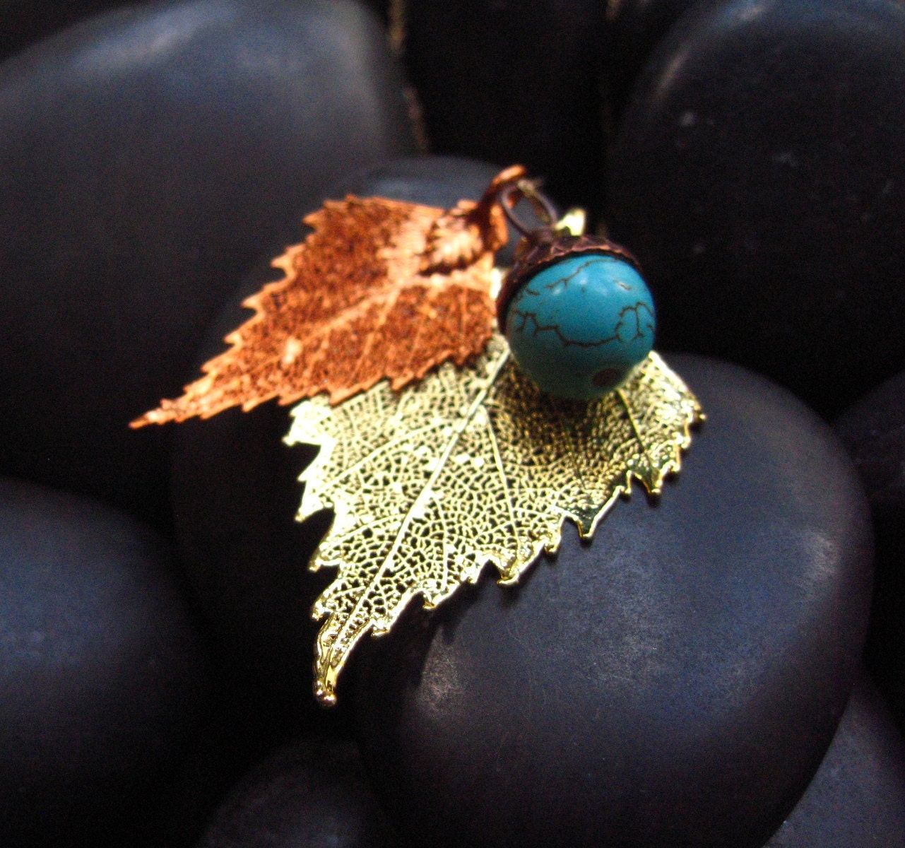Real Birch leaves in 24KT Gold and Copper - Turquoise Acorn bead, Real Leaf Necklace