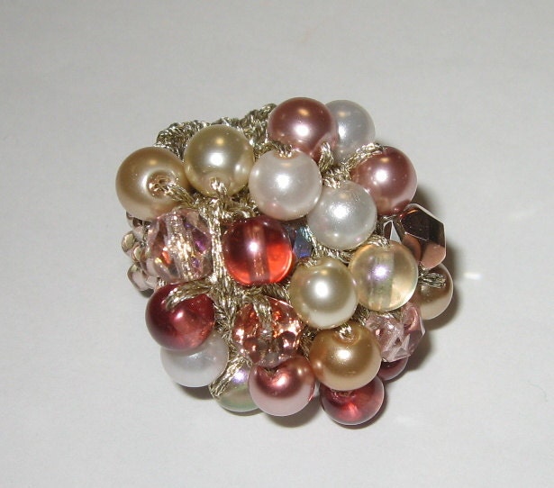 Chunky Pearl  Crystal Cocktail Ring,  STRAWBERRY SHORTCAKE , Hand Knit Adjustable, Flower Cluster by Sereba Designs