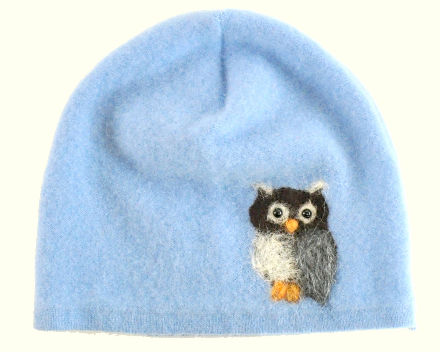 The Owl handmade cashmere hat  Needle Felted BLUE baby blue