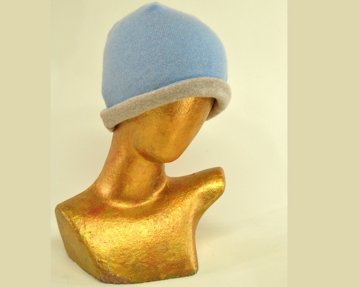 Reversible Blue Gray Double Layer Cashmere Hat Upcycled cozy warm