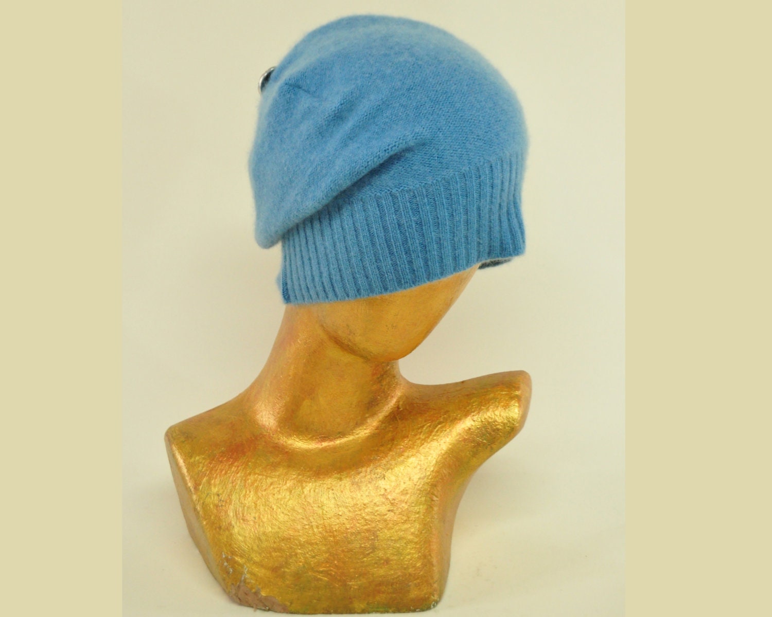 Gone To Paris Dark Aqua Blue recycled cashmere Hat M Czech Glass Button