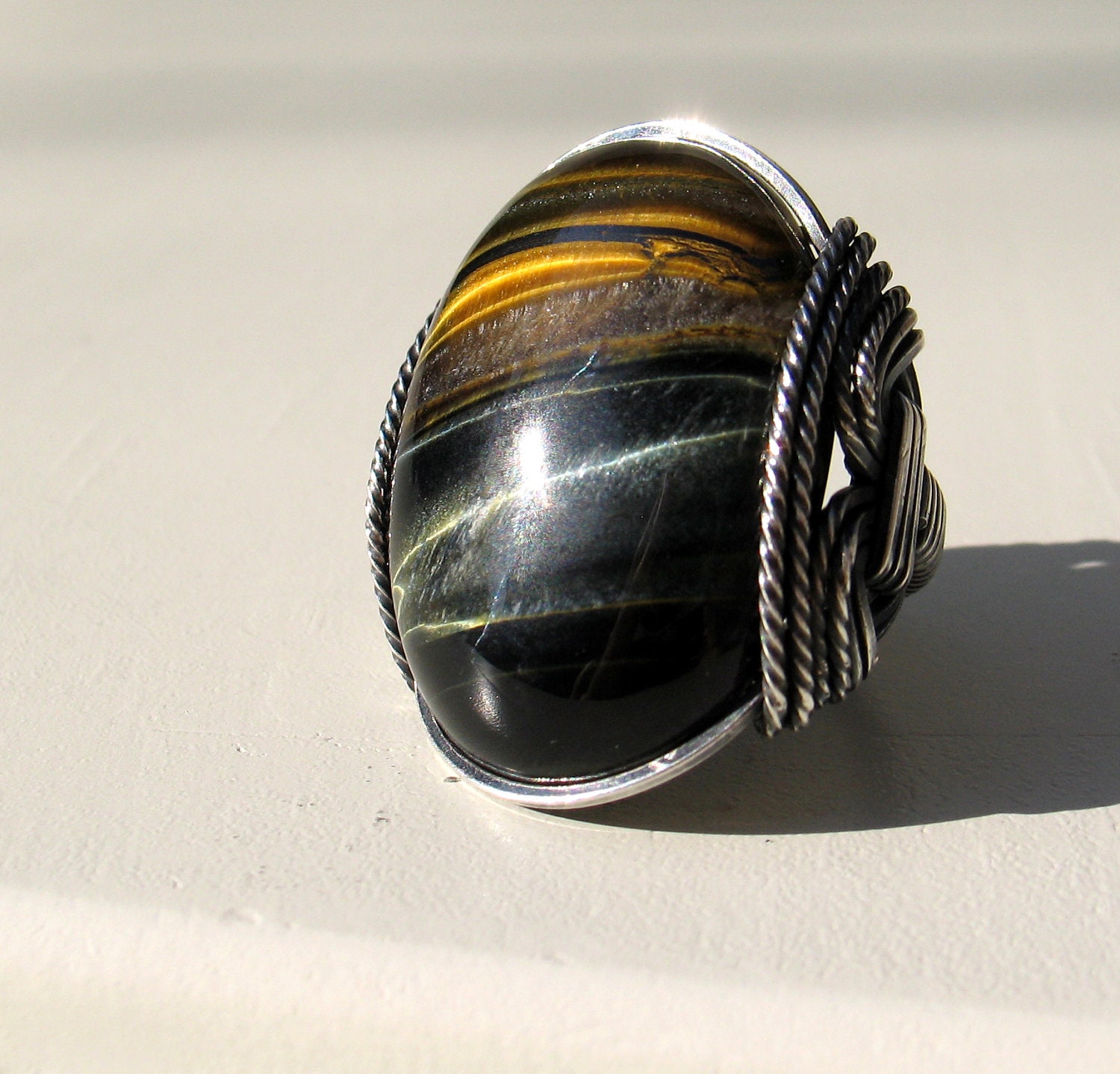Blue Tigers Eye Ring, Natural Stone, Darkened Oxidized Silver Jewelry, Eco Friendly Jewelry,