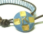 Chan Luu Style Beaded Wrap Bracelet with K Initial Clasp and Swarovski Crystals in Cornflower Blue Shade