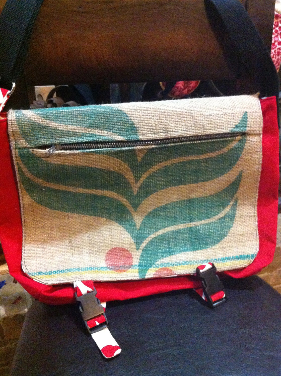 Upcycled Red Chevron and Floral Messenger Bag - Made using recycled coffee sack