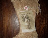 Sweet Edwardian Winter Girl Vintage Lace Cotton Woolen Small Christmas Stocking Ornament