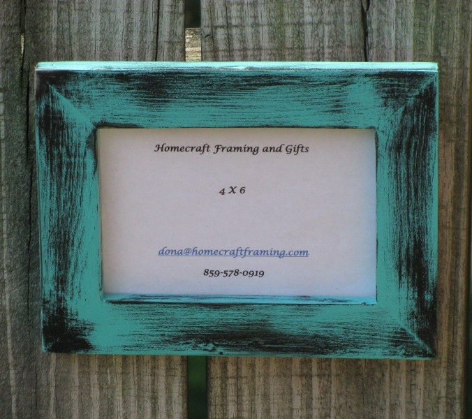 4X6 Picture Frame Distressed Turquoise Black Country Primitive Wooden