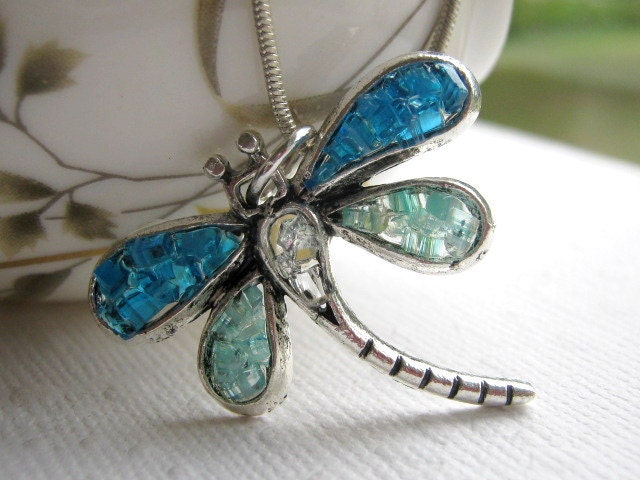Blue Stained Glass Dragonfly Jewelry Necklace