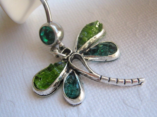Dragonfly Belly Ring,  Blue Green Belly Button Ring, Dragonfly Body Jewelry, Belly Button Jewelry