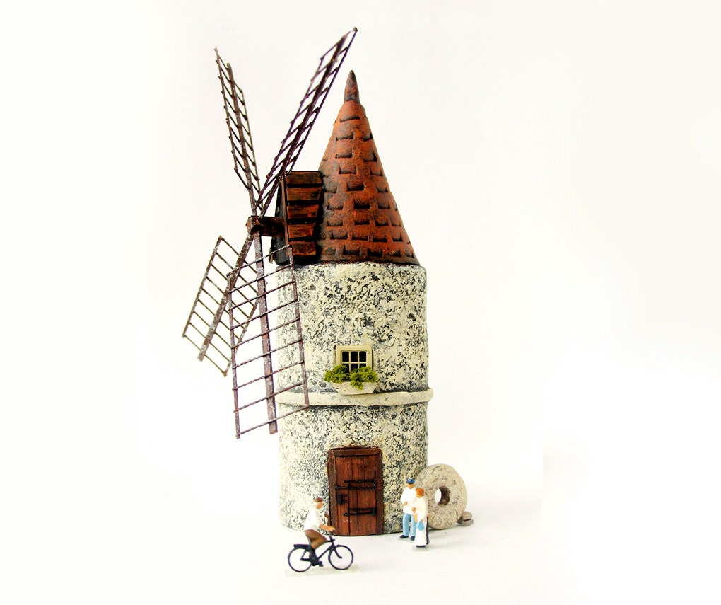 The Hermitage Series - Miniature French Wheat Milling Stone Windmill - Handmade HO Scale Building - bewilderandpine