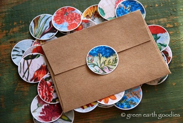 50 Eco-Friendly Stickers:Vintage Floral Stickers, Flower stickers, Flower Envelope Seals, flowers on ephemera, 1.5" circles, 1 1/2 inch
