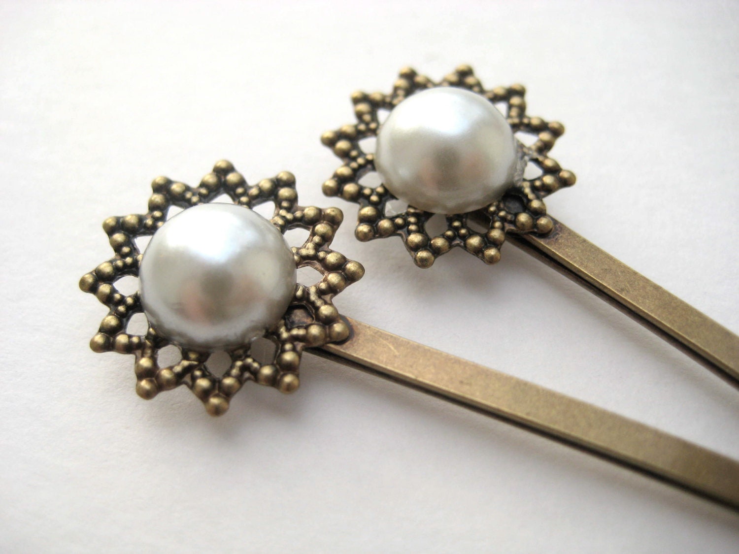 Victorian Bridal Hair Pins - bobby pins, pearls, small, antique brass, filigree