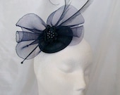 Navy Blue Curl Feather Crinoline & Crystal Pearl or Rhinestone Wedding Fascinator Mini Hat - Custom Made to Order