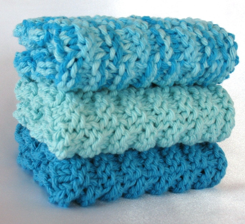Cotton Washcloth Knit Tropical Blue Ocean Earth Tone Turquoise Aqua Peacock Kitchen Dishcloth Face Wash Cloth