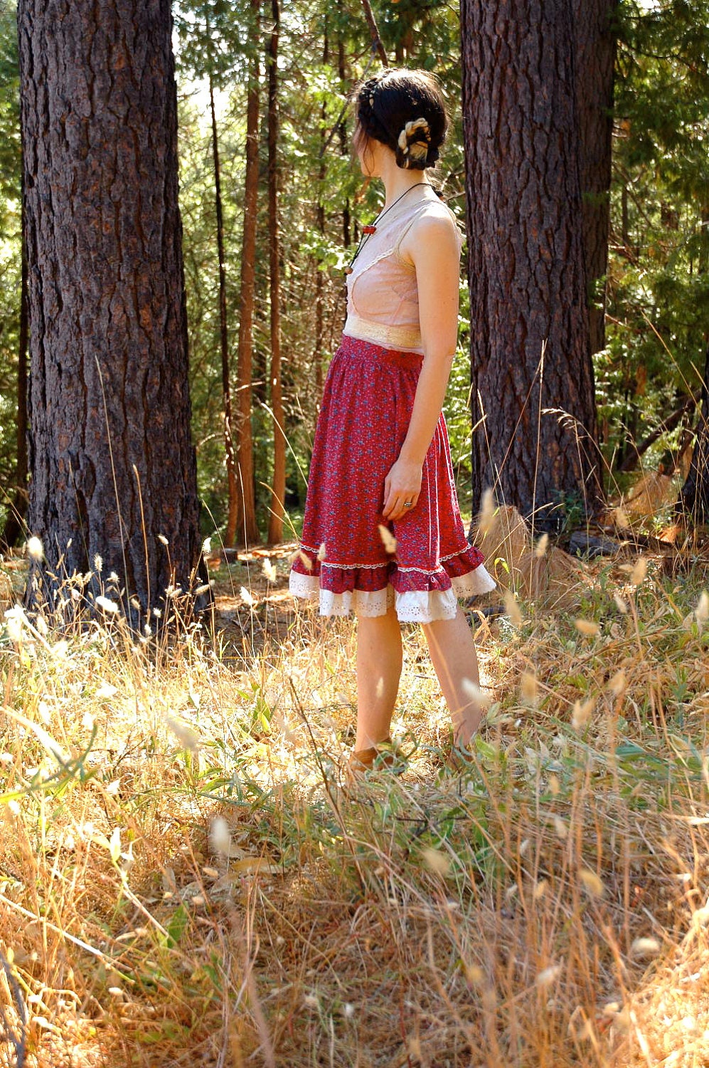 Gunne Sax Style Prairie Skirt... 1970s Calico Skirt... 100% Cotton... RASPBERRY PICKING SKIRT (25 Inch Waist)