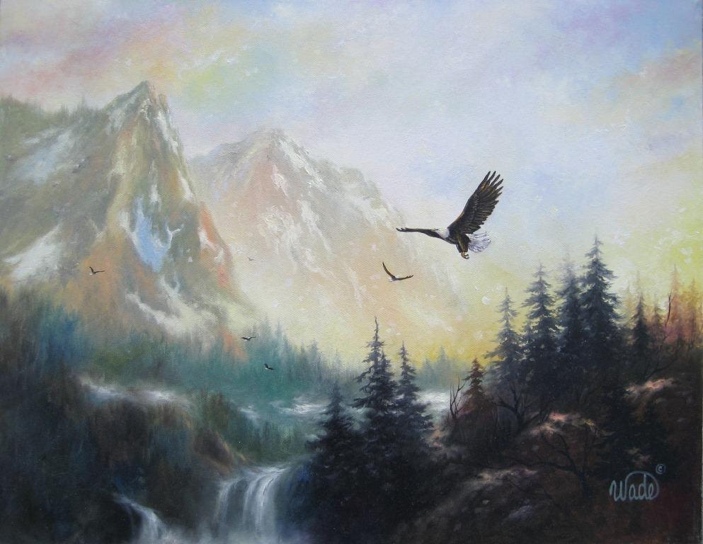 Summit Meeting Original Oil Painting, mountain paintings, waterfall, eagle painting, Vickie Wade paintings, canvas art