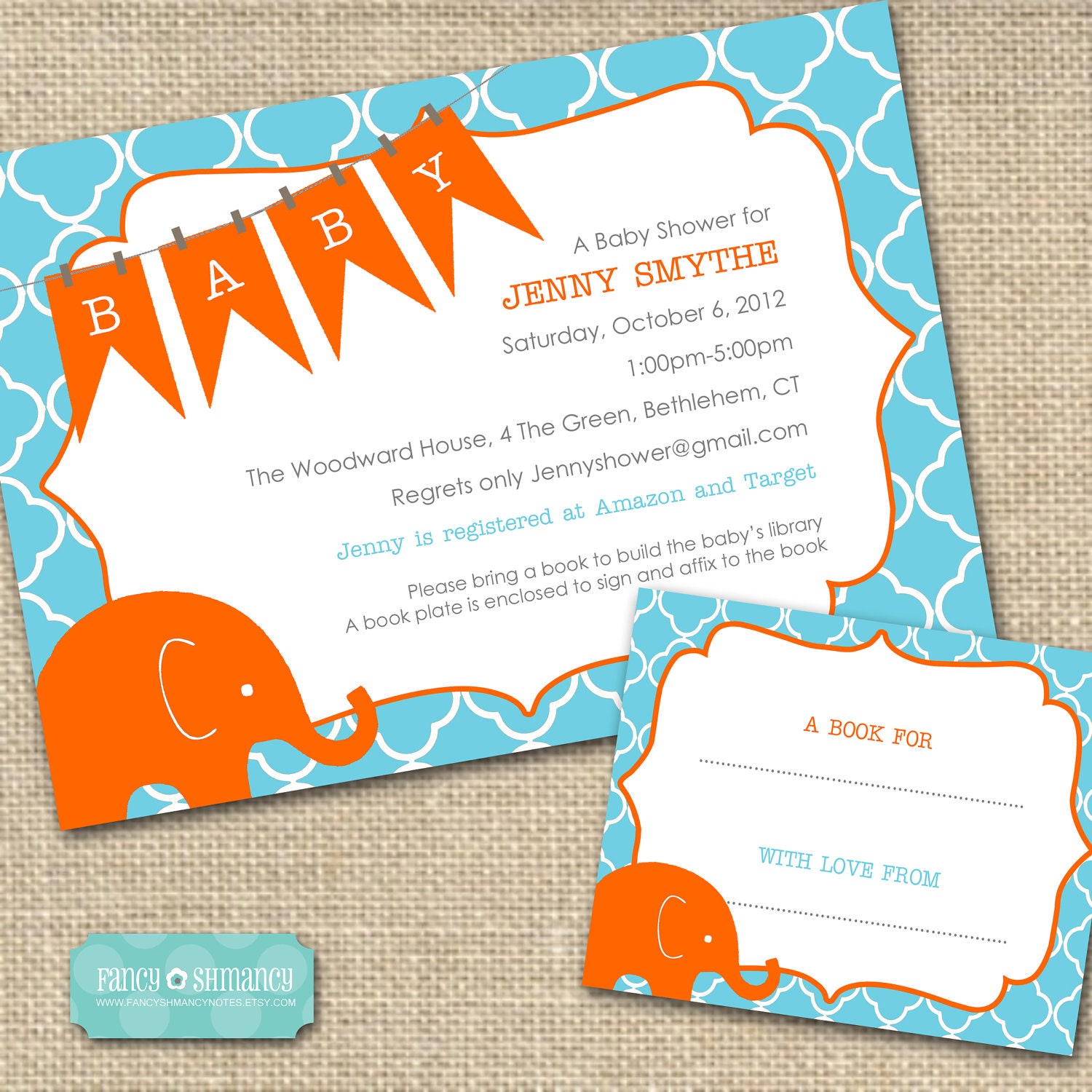 Baby Shower  Invitation / Stock the Library / Baby Shower Invitation with Book Plate / Elephant Banner / Digital File Item 91412