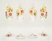 Painted Champagne Glasses - Autumn Roses of Red, Orange, Peach with Multi Color Leaves Set of 4 - CRYSTAL Glasses - Autumn Winter Wedding - HandPaintedPetals