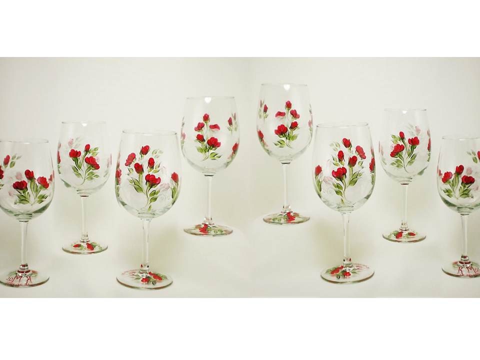 Painted Wine Glasses, Set of 8 - Hand Painted Classic Red Rose Green Leaves, Climbing Rose Design Wedding Housewarming 12 oz